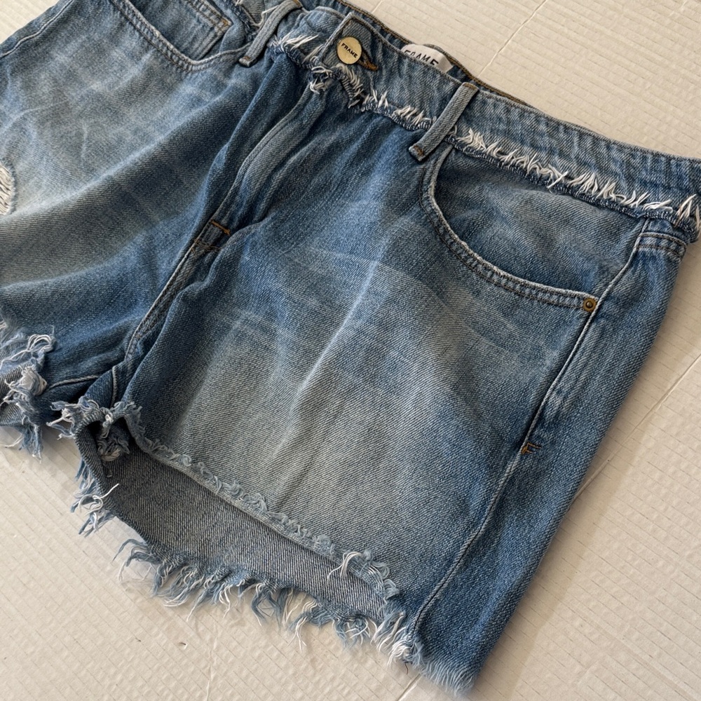 Frame Denim High Rise Shorts Size 33 Le Grand Garcon Distressed Light Wash Jean - Picture 5 of 11